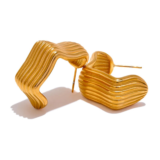 C-shape stripe gold color statement hoop earrings - product image