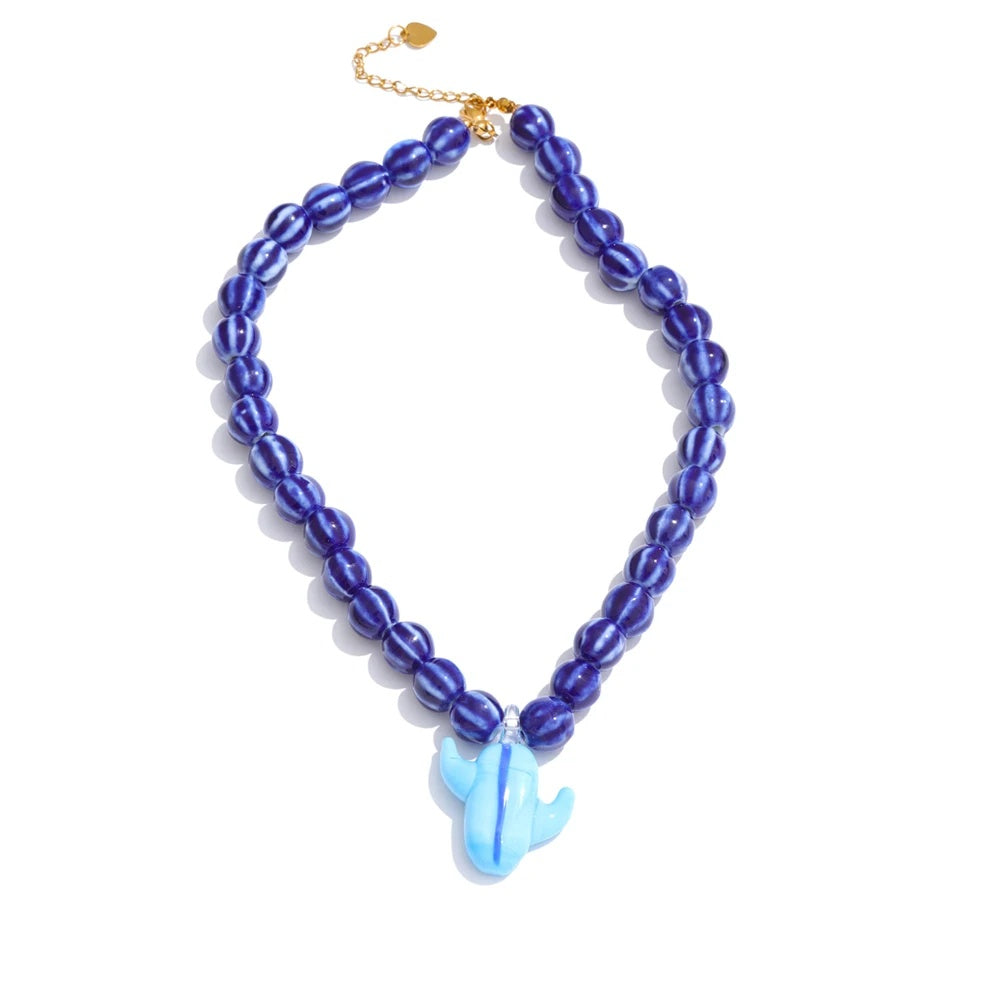 Ceramic blue yellow beads cactus pendant necklace - product image