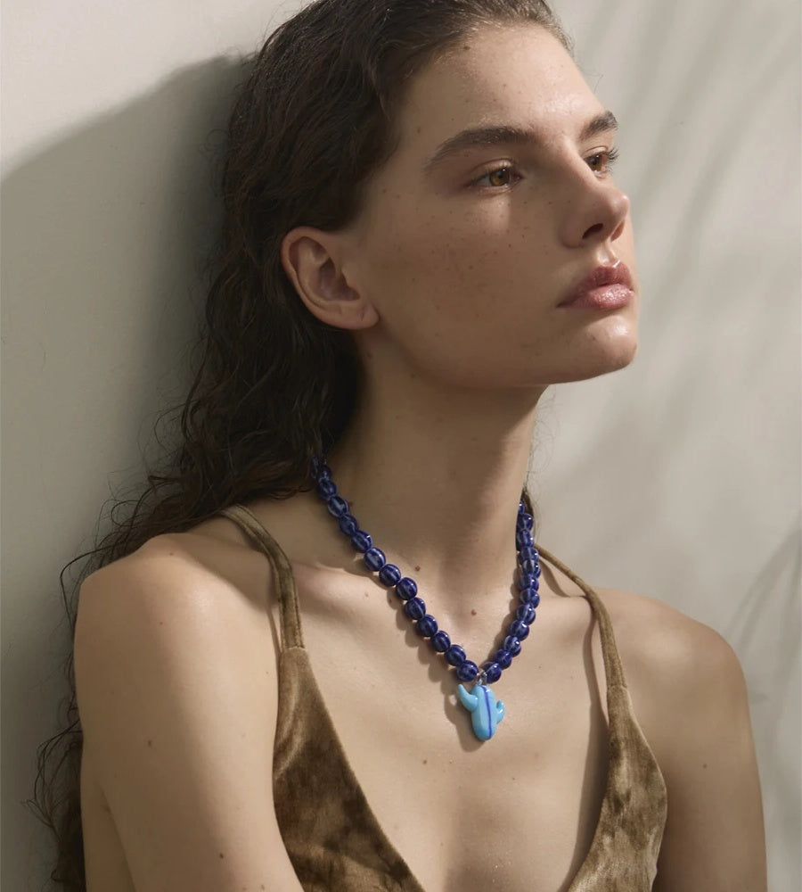 Ceramic blue yellow beads cactus pendant necklace - product image