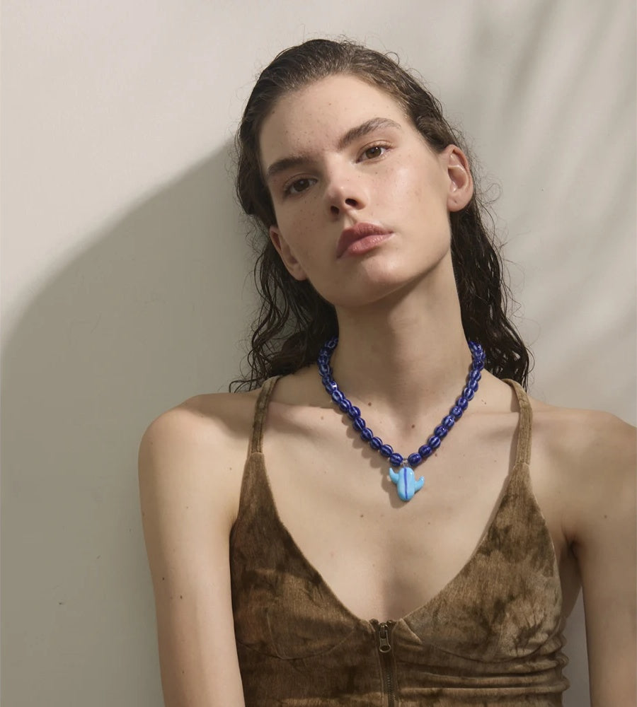 Ceramic blue yellow beads cactus pendant necklace - product image