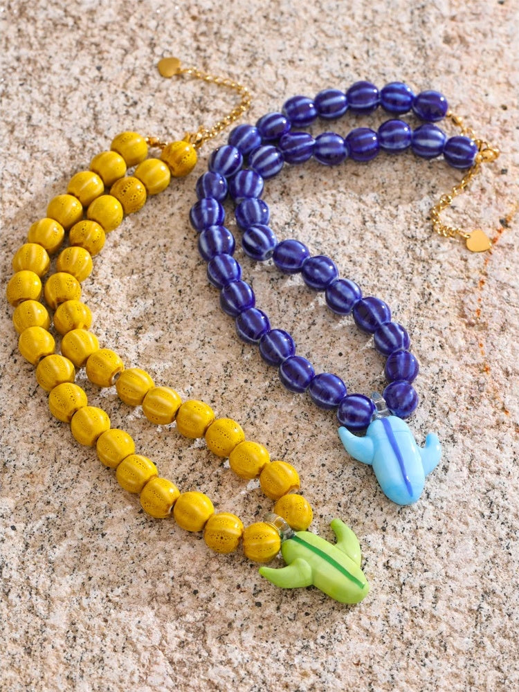 Ceramic blue yellow beads cactus pendant necklace - product image