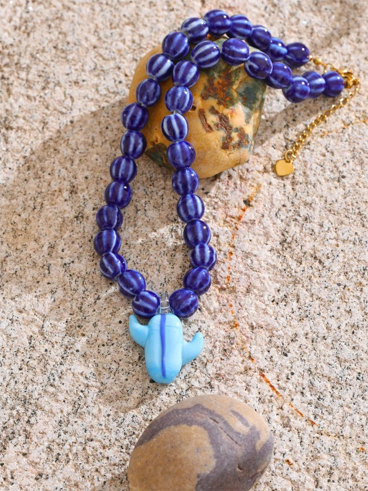 Ceramic blue yellow beads cactus pendant necklace - product image