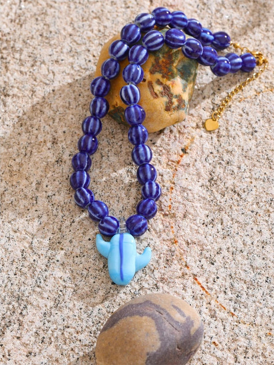 Ceramic blue yellow beads cactus pendant necklace - product image