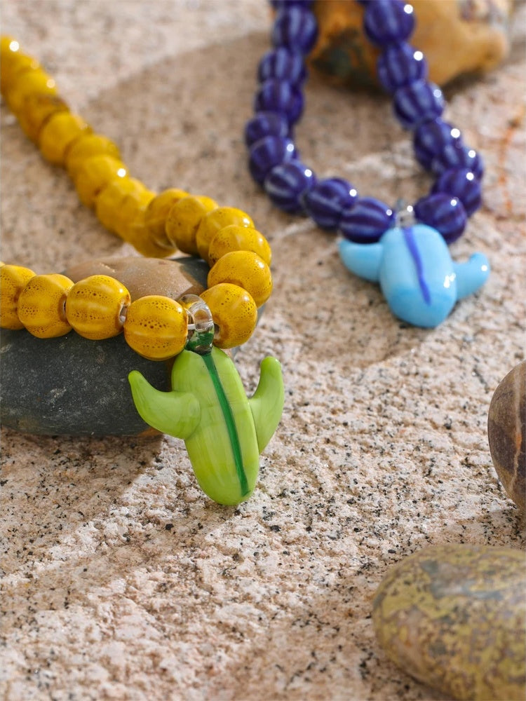 Ceramic blue yellow beads cactus pendant necklace - product image