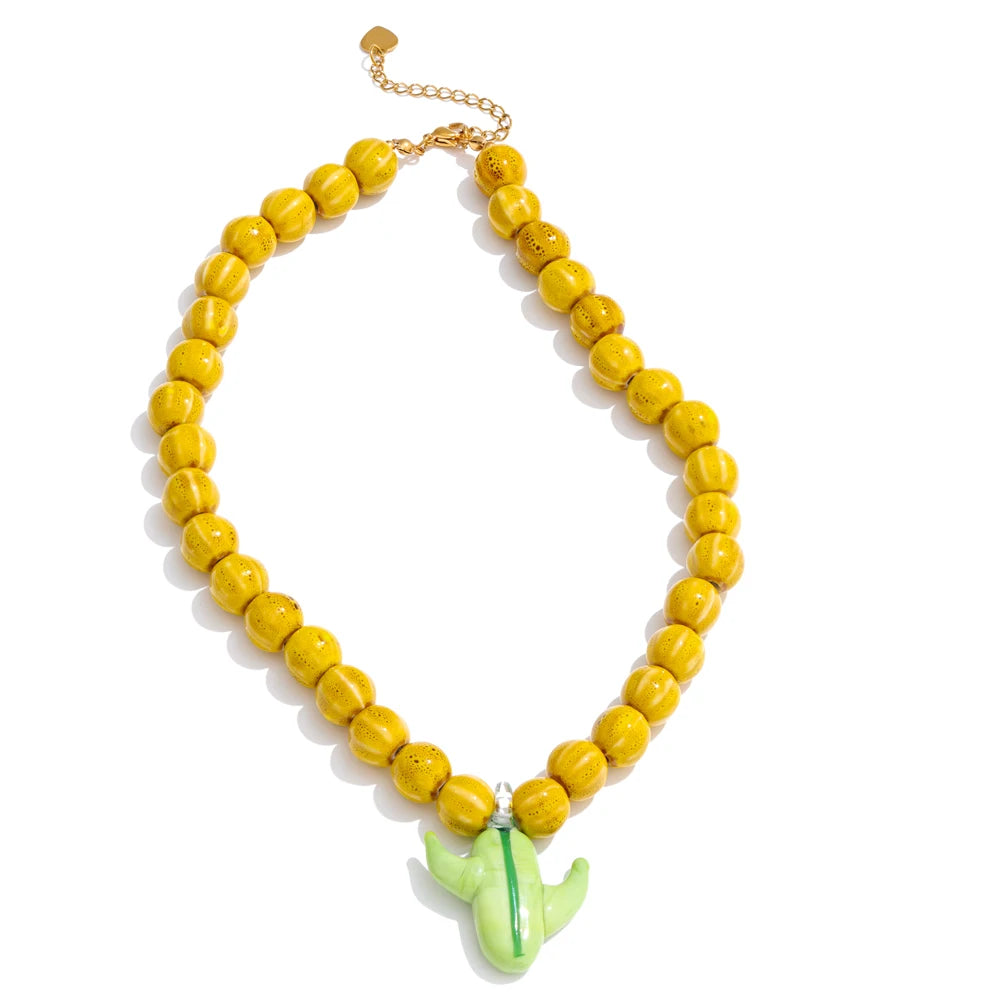 Ceramic blue yellow beads cactus pendant necklace - product image