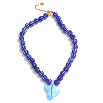 Ceramic blue yellow beads cactus pendant necklace - product image