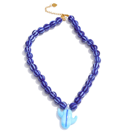Ceramic blue yellow beads cactus pendant necklace - product image