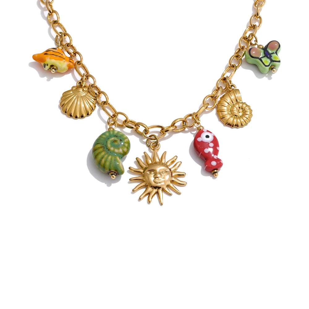 Ceramic conch fish butterfly pendant necklace - product image
