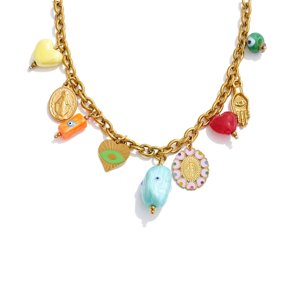 Ceramic eye heart charms pendant necklace - product image