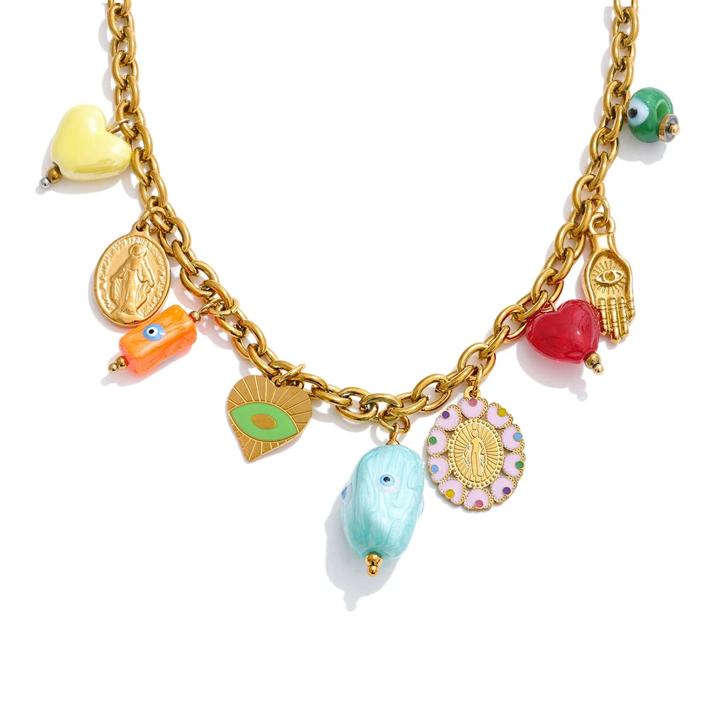 Ceramic eye heart charms pendant necklace - product image