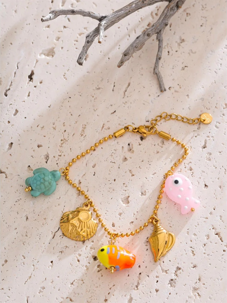 Ceramic fish resin turtle shell drop bracelet - product image