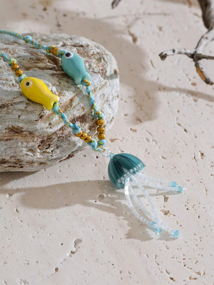 Ceramic fish rope beads crystal jellyfish pendant necklace - product image