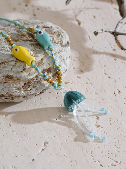 Ceramic fish rope beads crystal jellyfish pendant necklace - product image