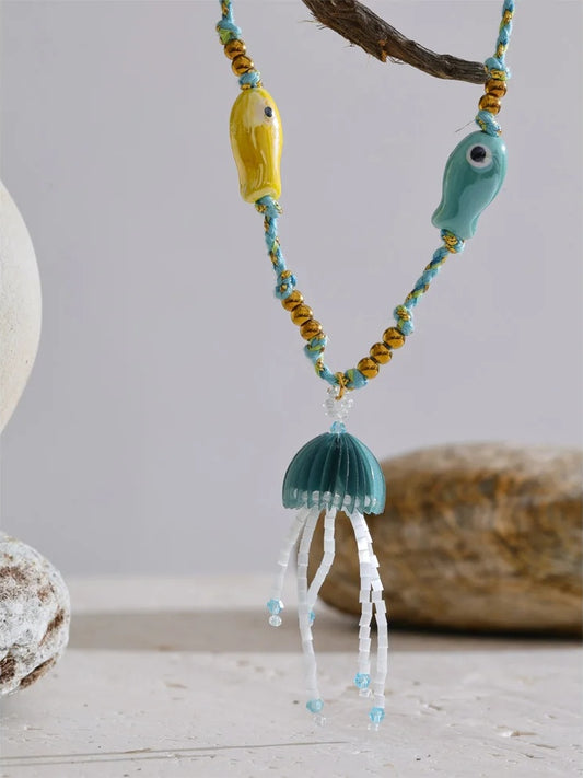 Ceramic fish rope beads crystal jellyfish pendant necklace - product image