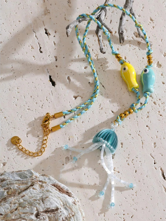 Ceramic fish rope beads crystal jellyfish pendant necklace - product image
