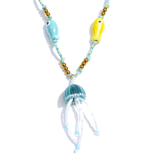 Ceramic fish rope beads crystal jellyfish pendant necklace - product image