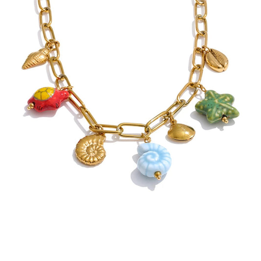 Ceramic shell starfish turtle drop pendant necklace - product image