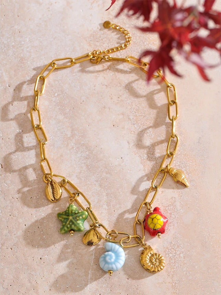 Ceramic shell starfish turtle drop pendant necklace - product image