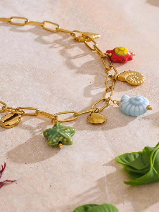Ceramic shell starfish turtle drop pendant necklace - product image