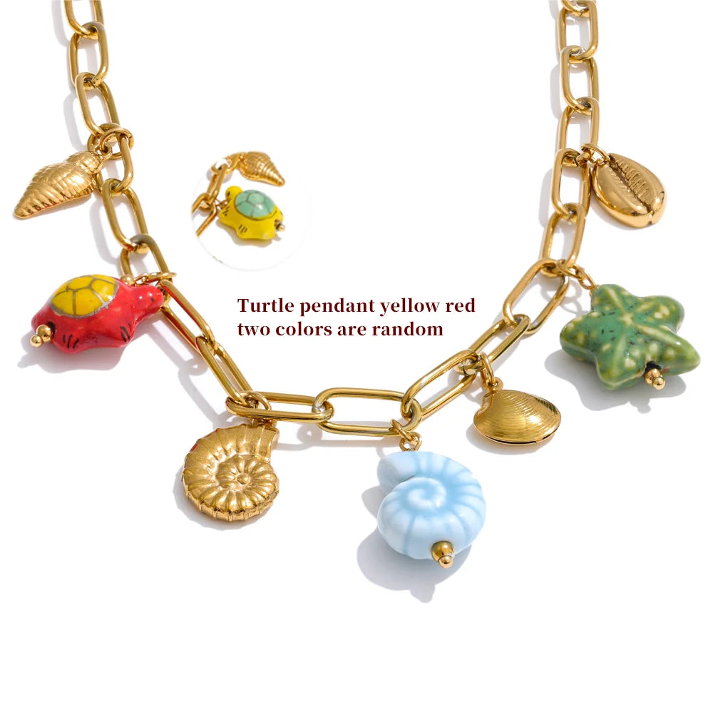 Ceramic shell starfish turtle drop pendant necklace - product image