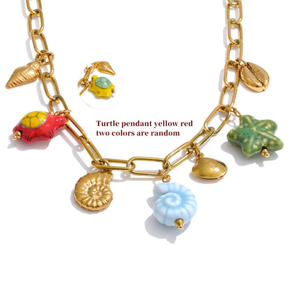 Ceramic shell starfish turtle drop pendant necklace - product image