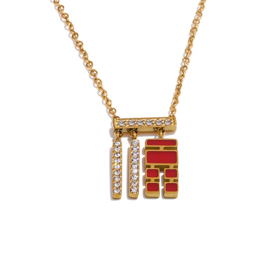 Chinese character red enamel zirconia pendant necklace - product image