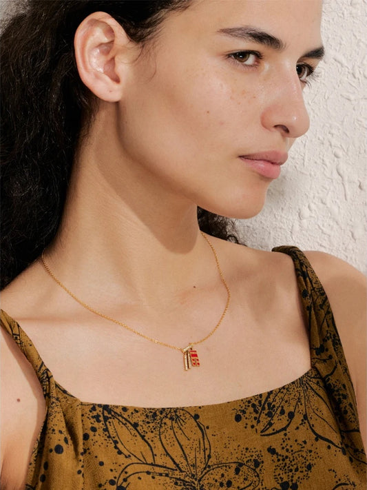 Chinese character red enamel zirconia pendant necklace - product image