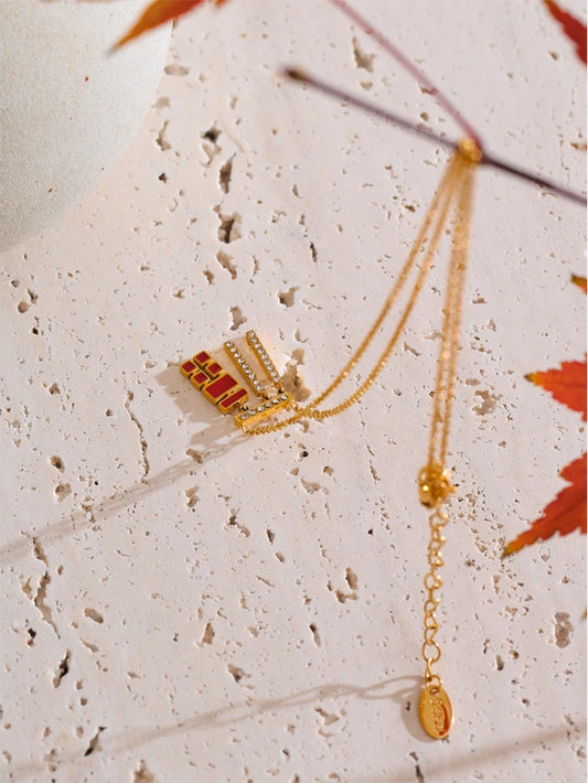 Chinese character red enamel zirconia pendant necklace - product image
