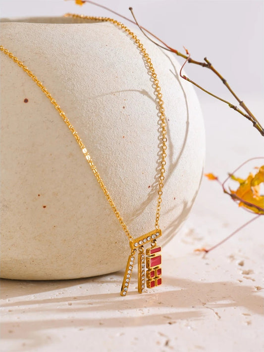 Chinese character red enamel zirconia pendant necklace - product image