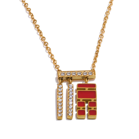 Chinese character red enamel zirconia pendant necklace - product image
