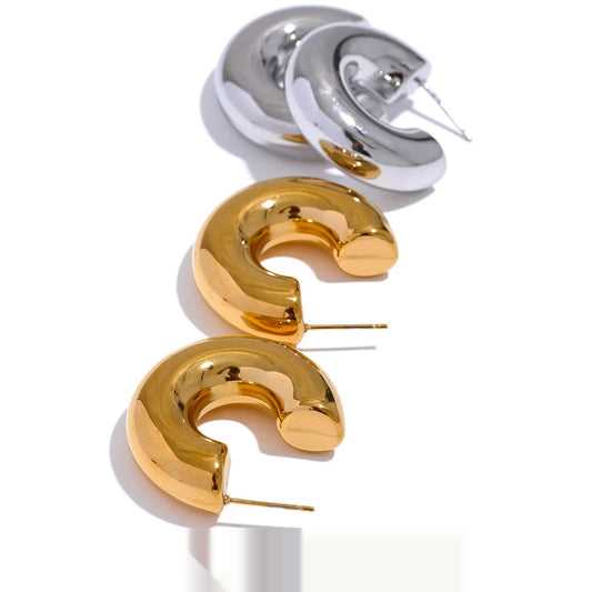 Chunky c shape huggie gold silver color earrings - product image