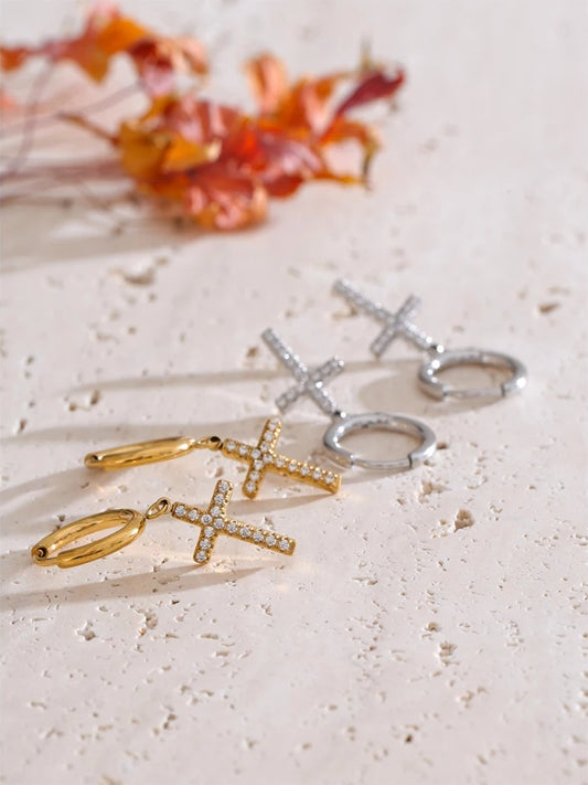 Cnc cubic zirconia cross drop dangle earrings - product image
