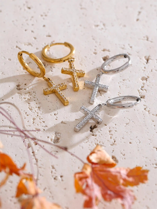 Cnc cubic zirconia cross drop dangle earrings - product image