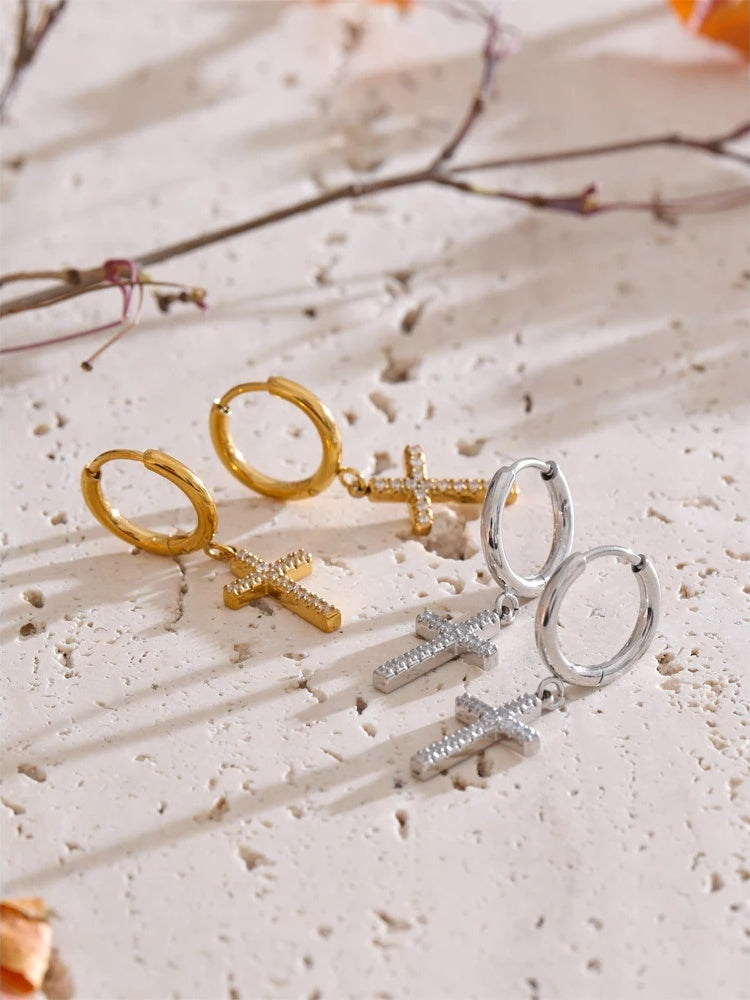 Cnc cubic zirconia cross drop dangle earrings - product image