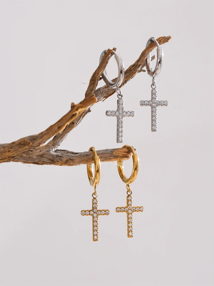 Cnc cubic zirconia cross drop dangle earrings - product image