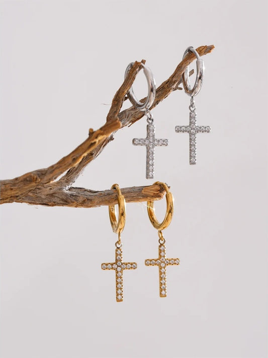 Cnc cubic zirconia cross drop dangle earrings - product image