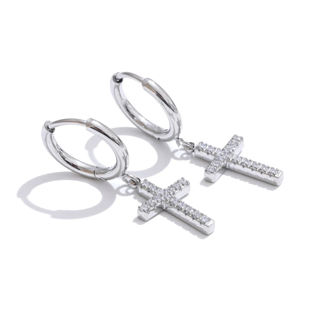 Cnc cubic zirconia cross drop dangle earrings - product image