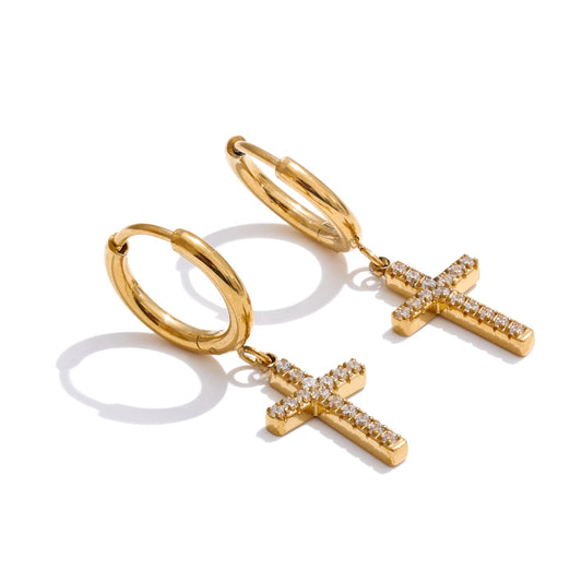 Cnc cubic zirconia cross drop dangle earrings - product image