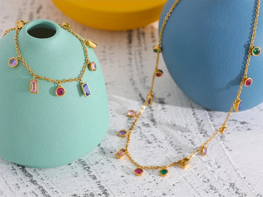 Colorful cubic zirconia chain necklace bracelet set - product image