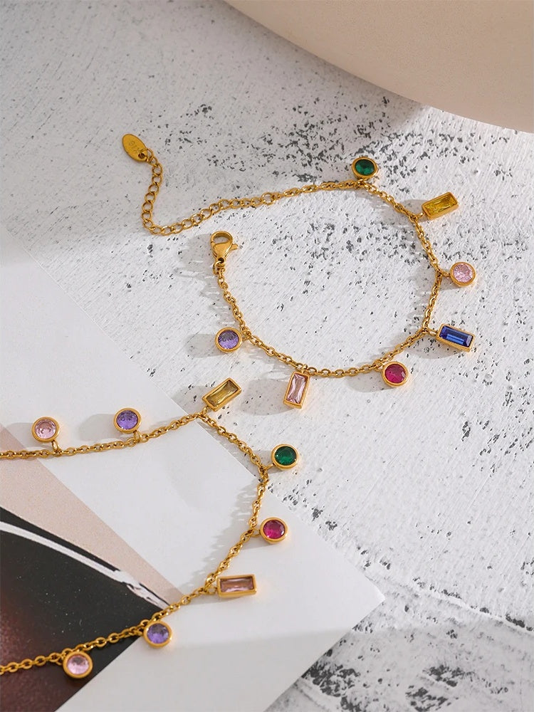 Colorful cubic zirconia chain necklace bracelet set - product image