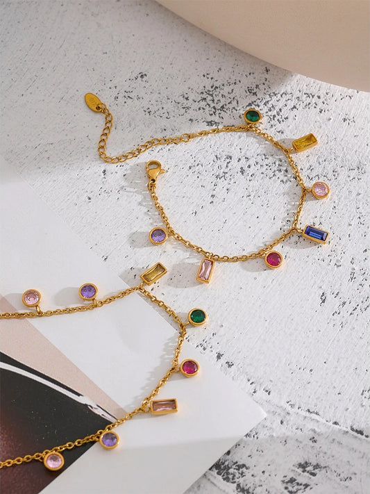 Colorful cubic zirconia chain necklace bracelet set - product image