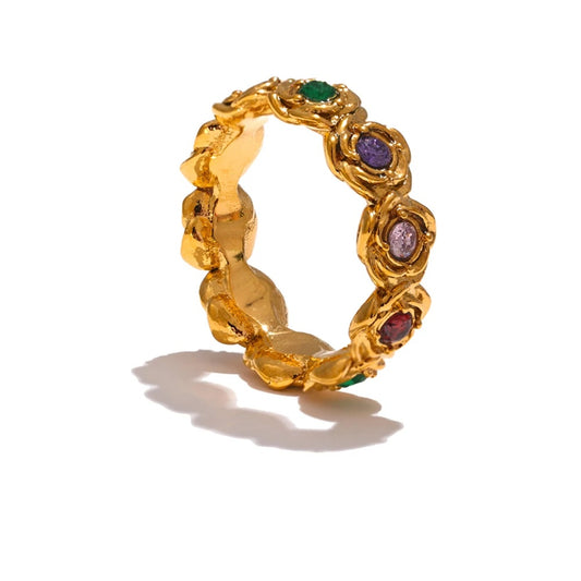 Colorful cubic zirconia contemporary flower finger ring - product image