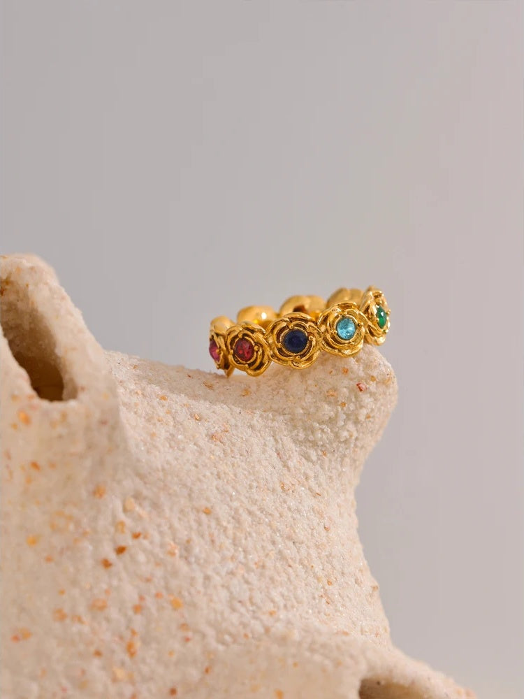 Colorful cubic zirconia contemporary flower finger ring - product image