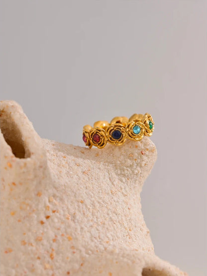 Colorful cubic zirconia contemporary flower finger ring - product image