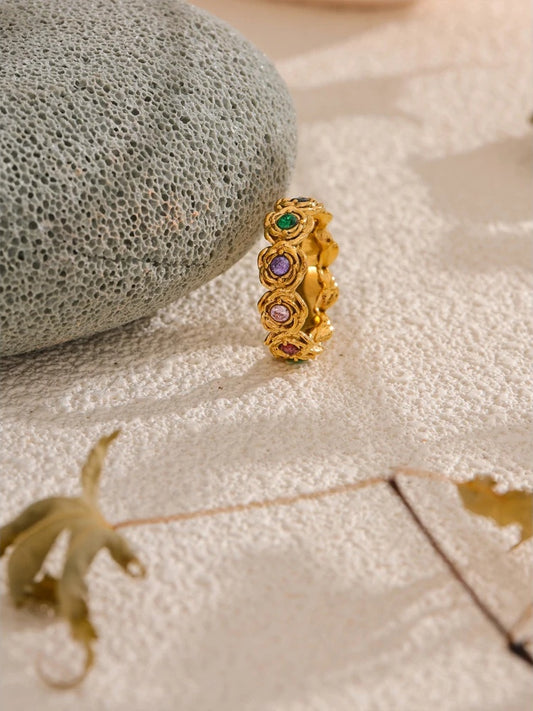 Colorful cubic zirconia contemporary flower finger ring - product image