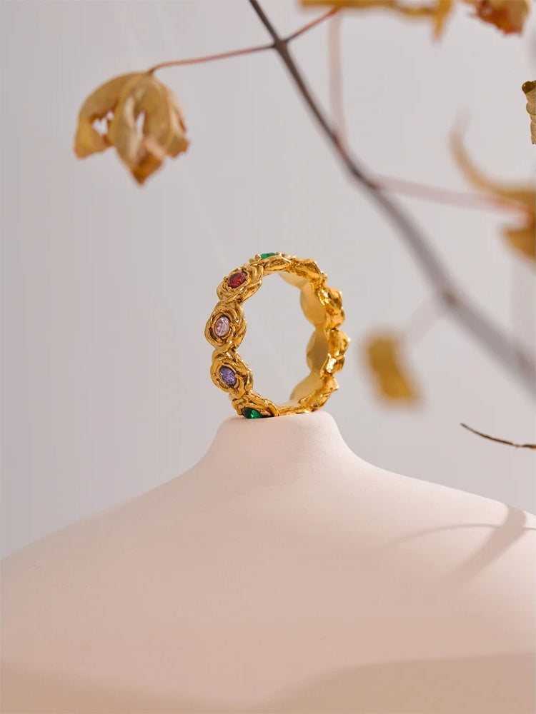 Colorful cubic zirconia contemporary flower finger ring - product image