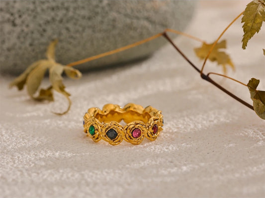 Colorful cubic zirconia contemporary flower finger ring - product image