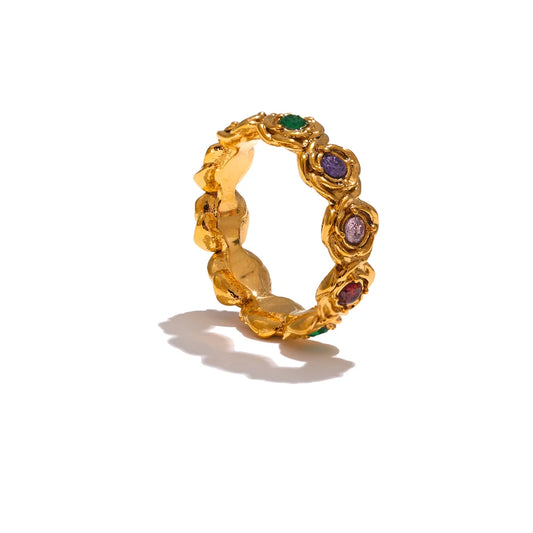 Colorful cubic zirconia contemporary flower finger ring - product image