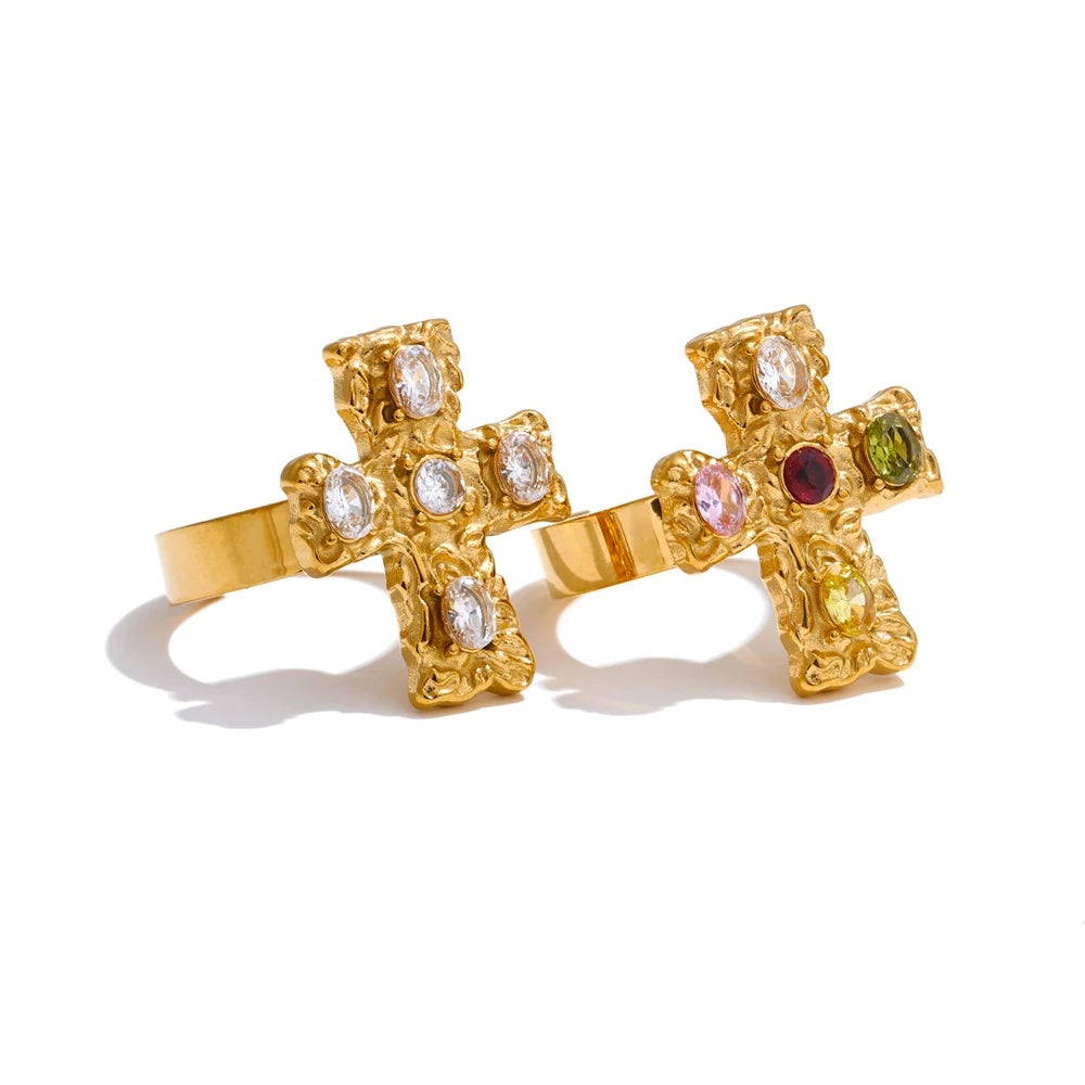 Colorful cubic zirconia cross open adjustable ring - product image