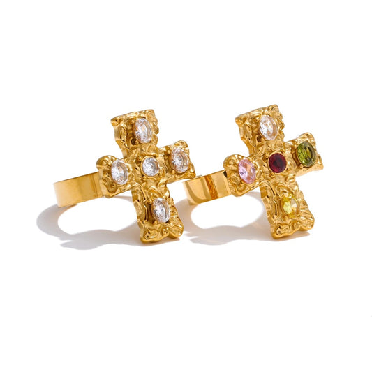 Colorful cubic zirconia cross open adjustable ring - product image
